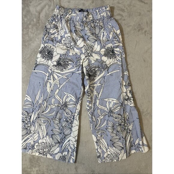 Zara Women’s Small Wide Leg Pants Blue White Stripe Floral Print Cropped - Picture 2 of 8